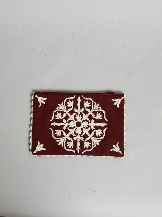Westside Home Maroon Damask Embroidered Pouch