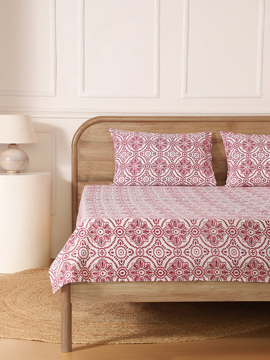 Westside Home Maroon Tile Printed Double Fitted Sheet and Pillowcase