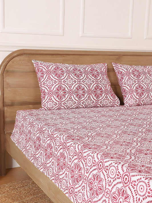Westside Home Maroon Tile Printed Double Fitted Sheet and Pillowcase