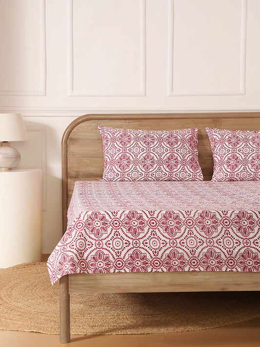Westside Home Maroon Tile Printed King Fitted Sheet and Pillowcase