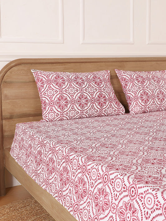 Westside Home Maroon Tile Printed King Fitted Sheet and Pillowcase