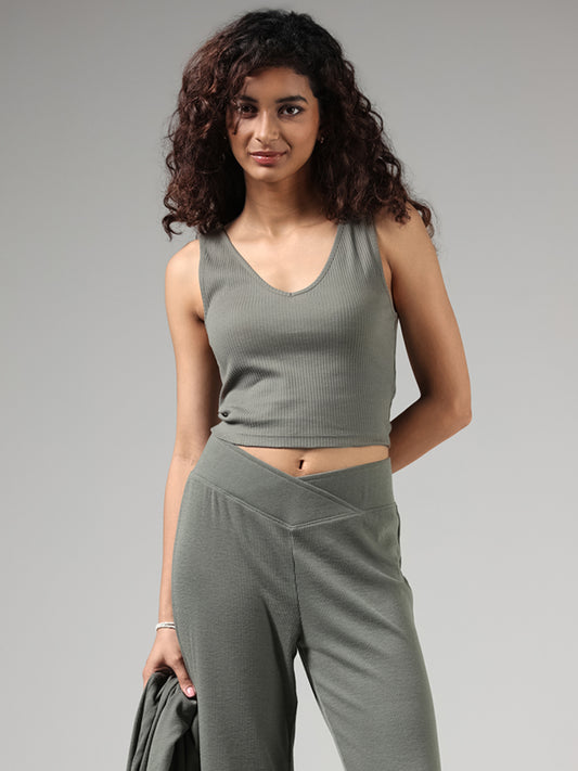 Superstar Striped Olive Green Ribbed Crop Camisole