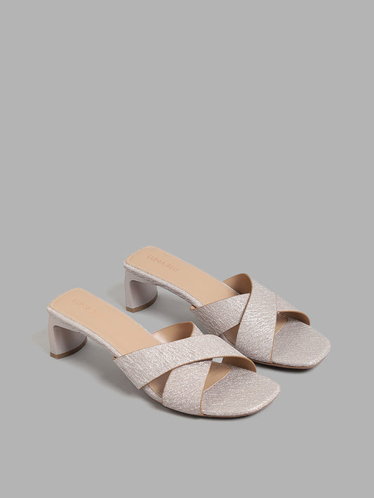 LUNA BLU Champagne Shimmer Cross Band Heel Sandals
