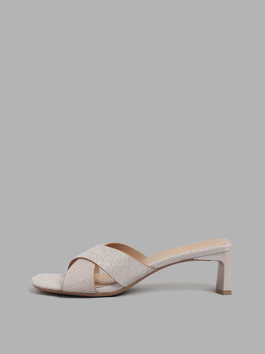 LUNA BLU Champagne Shimmer Cross Band Heel Sandals