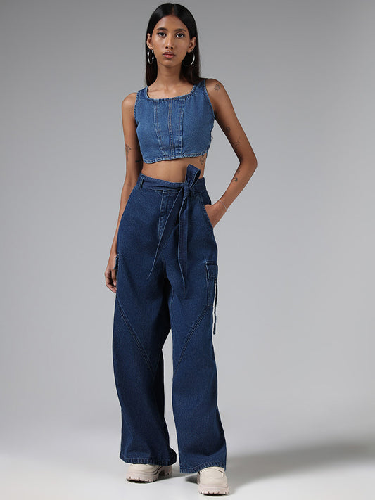 Nuon Solid Mid Blue Denim Corset Top