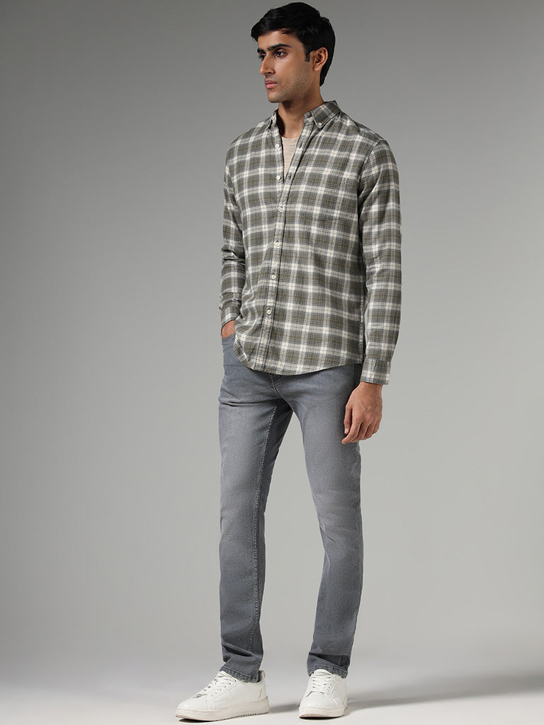 WES Casuals Light Olive Checked Slim Fit Shirt