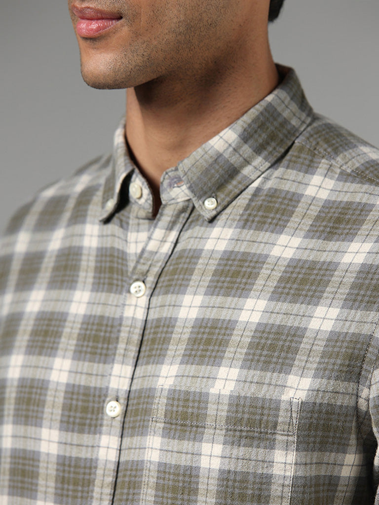 WES Casuals Light Olive Checked Slim Fit Shirt