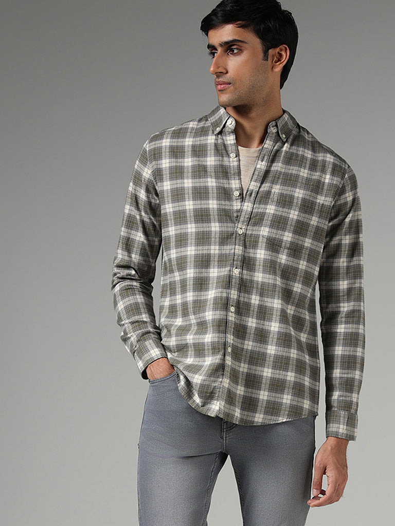 WES Casuals Light Olive Checked Cotton Slim Fit Shirt