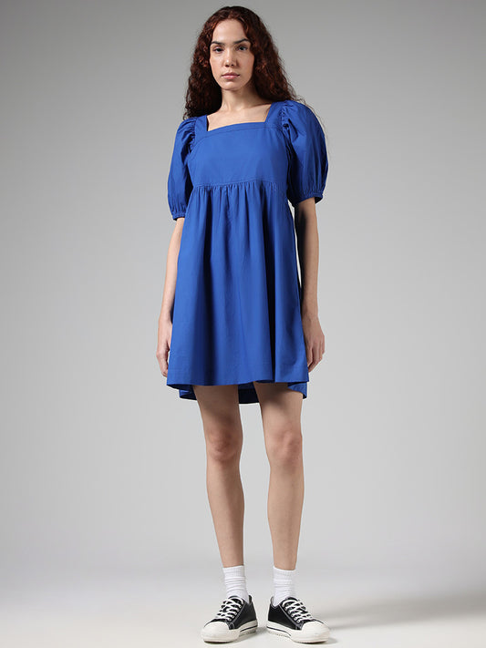 Nuon Solid Blue Cotton Gathered Dress