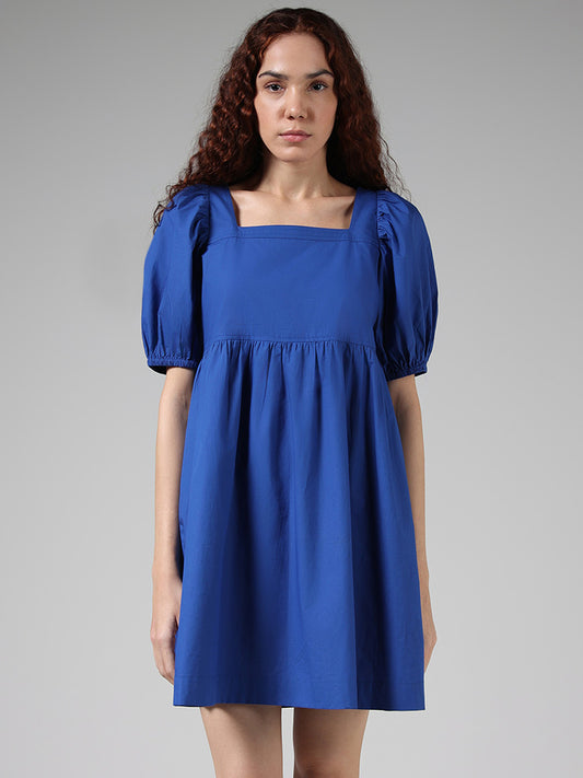 Nuon Solid Blue Cotton Gathered Dress