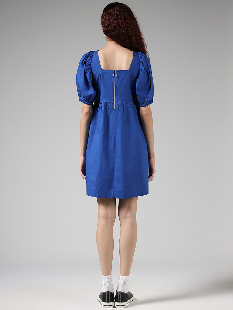 Nuon Solid Blue Gathered Dress