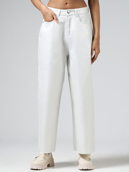 Nuon White Shimmer Seamless Wide Leg Jeans
