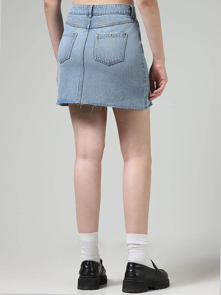 Nuon Light Blue Embellished Denim Mini Skirt