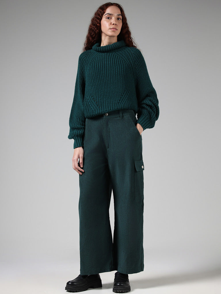 Nuon Green Ribbed Mid-Rise Trousers