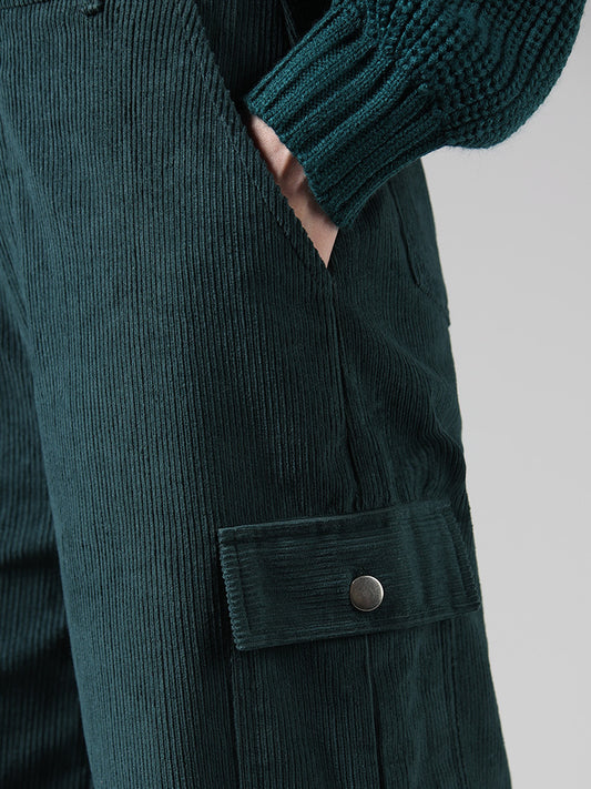 Nuon Green Ribbed Mid-Rise Trousers