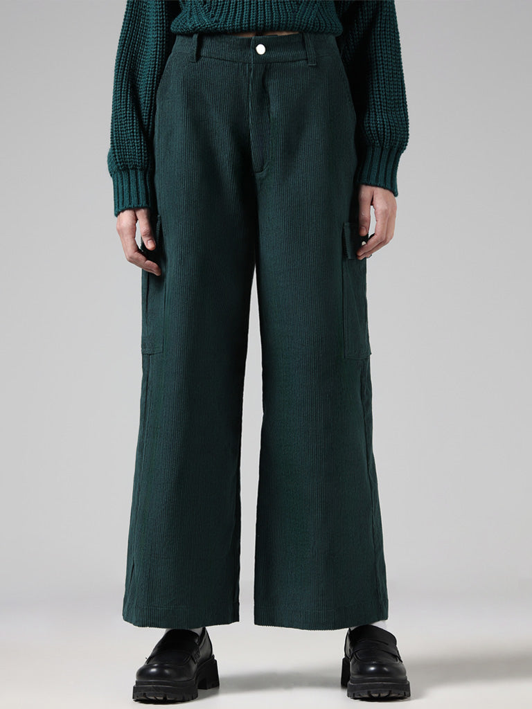 Nuon Green Ribbed Cotton Mid-Rise Trousers