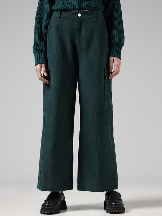 Nuon Green Ribbed Mid-Rise Trousers