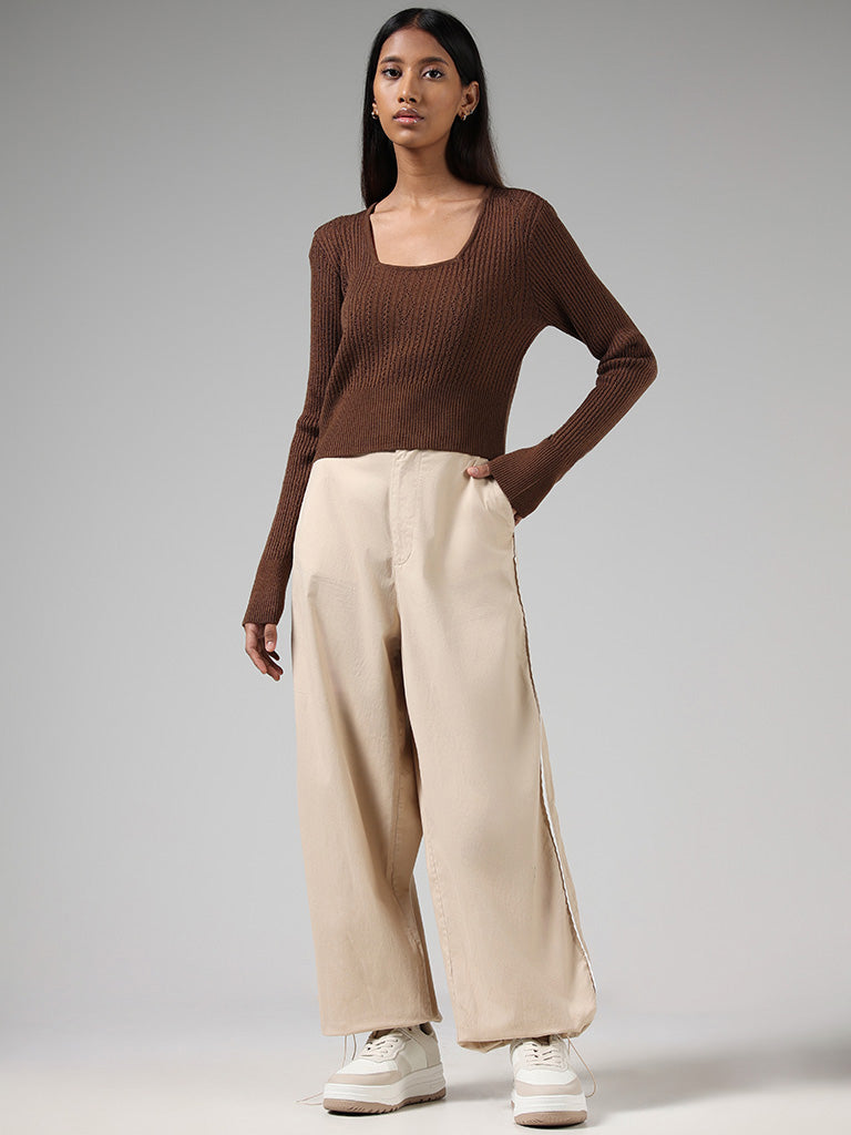 Nuon Solid Beige High-Waisted Cotton Blend Parachute Pants