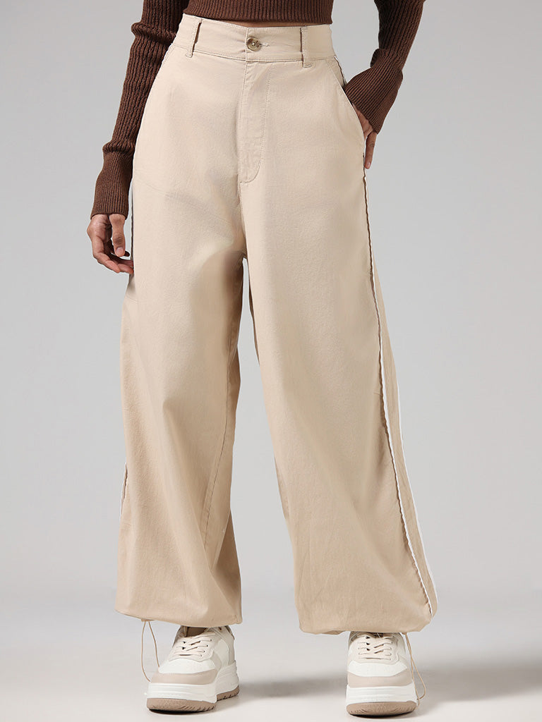 Nuon Solid Beige High-Waisted Cotton Blend Parachute Pants