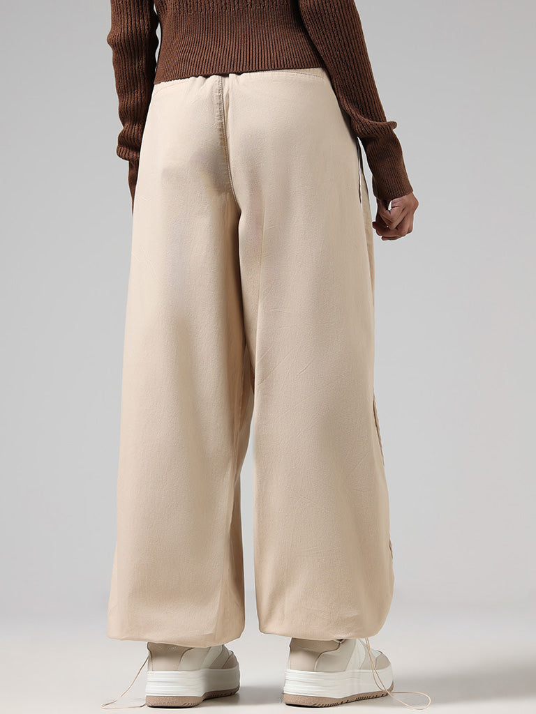 Nuon Solid Beige High-Waisted Parachute Pants