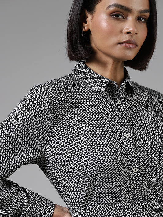 Wardrobe White & Black Printed Button-down Dress with belt