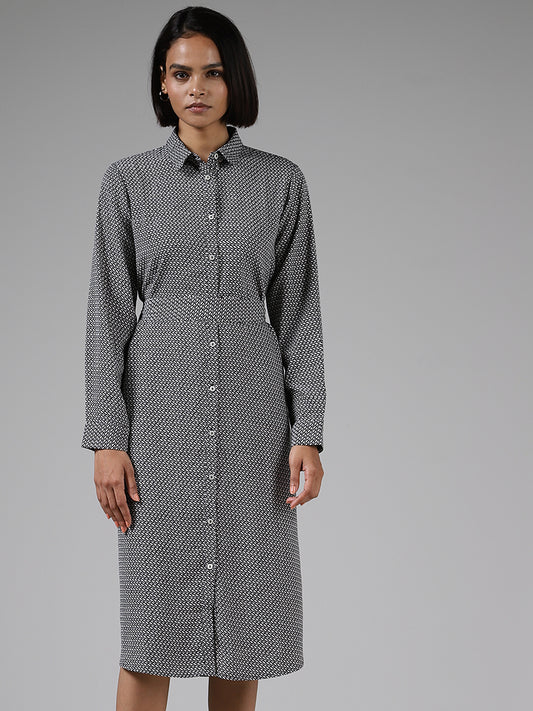 Wardrobe White & Black Printed Button-down Dress with belt