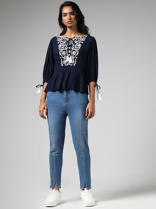 LOV Navy Blue Floral Embroidered Top