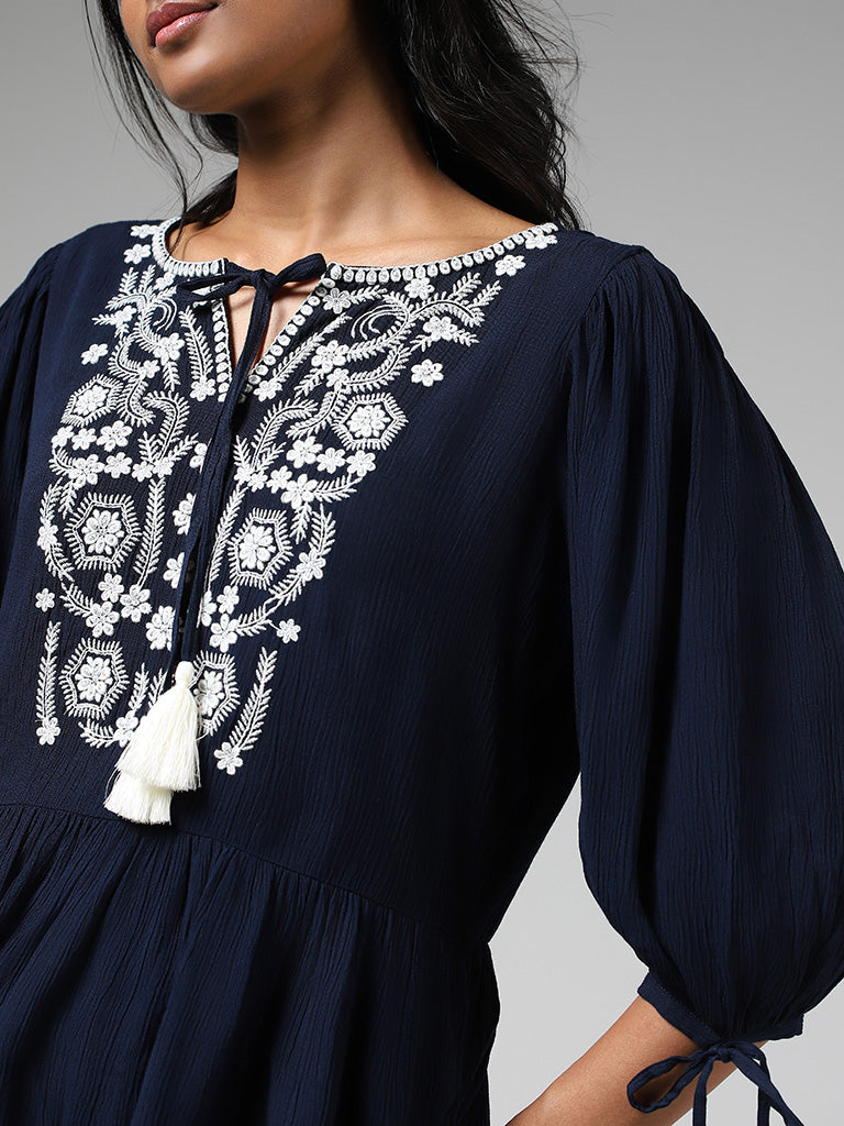 LOV Navy Blue Floral Embroidered Top