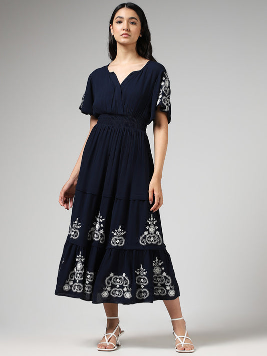 LOV Navy Floral Embroidered Tiered Dress