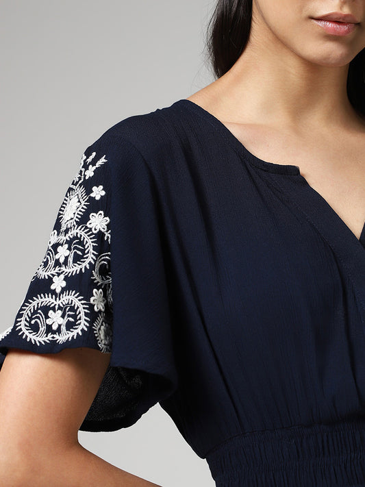 LOV Navy Floral Embroidered Tiered Dress