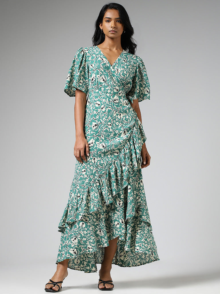 LOV Aqua Green Floral Printed Asymmetrical Wrap Dress