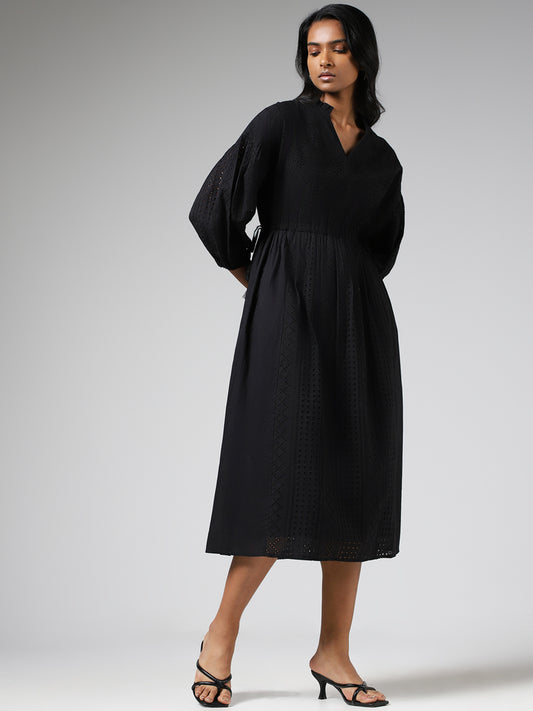 LOV Black Schiffli Gathered Dress