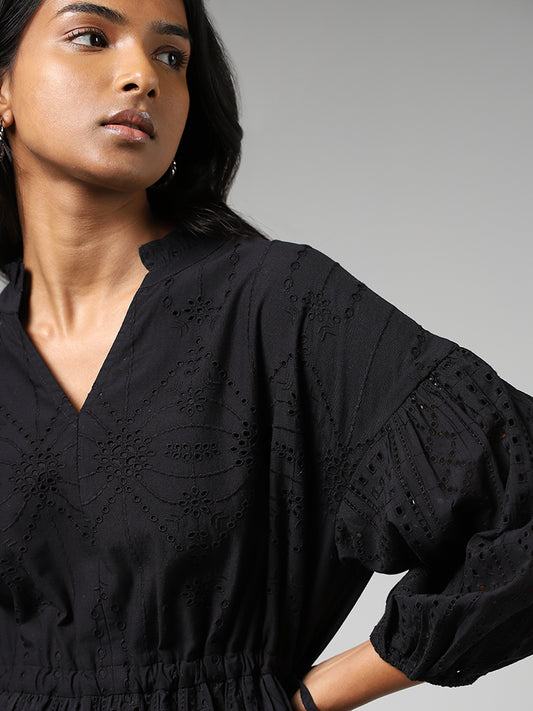 LOV Black Schiffli Gathered Dress