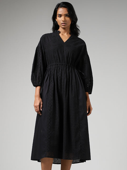 LOV Black Schiffli Gathered Dress