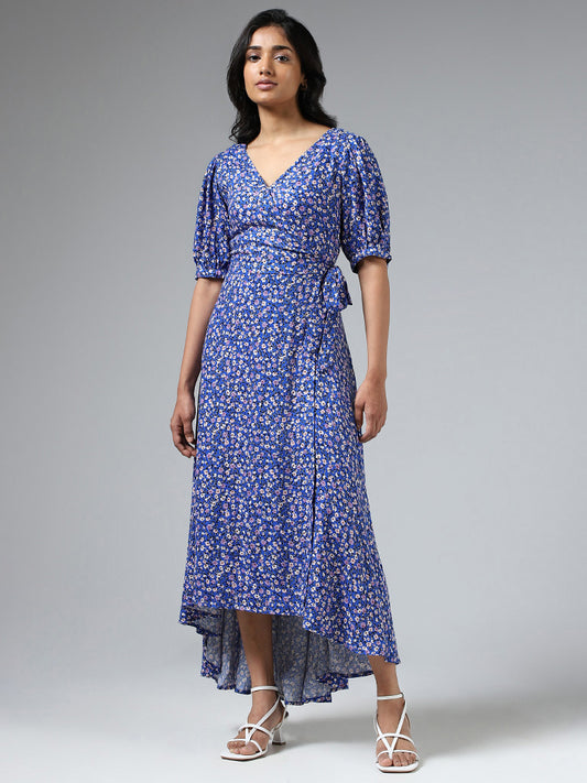 LOV Royal Blue Ditsy Floral Printed Wraparound Dress