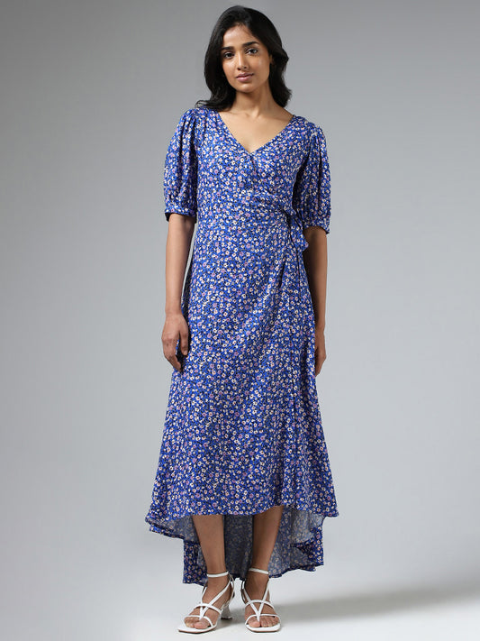 LOV Royal Blue Ditsy Floral Printed Wraparound Dress