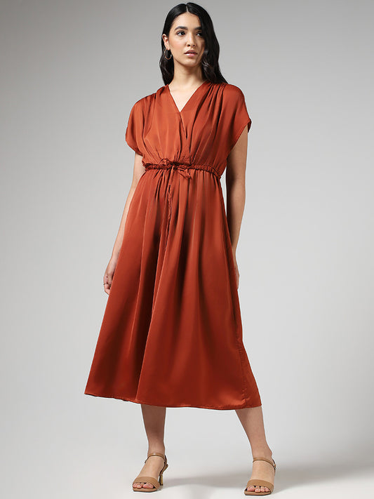 LOV Rust Tie-Up Gathered Midi Dress