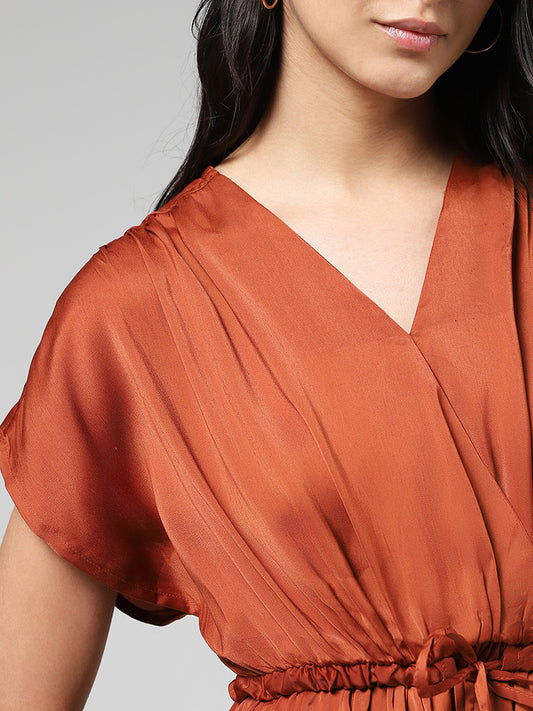 LOV Rust Tie-Up Gathered Midi Dress