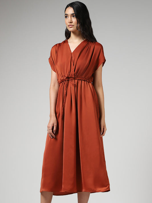 LOV Rust Tie-Up Gathered Midi Dress