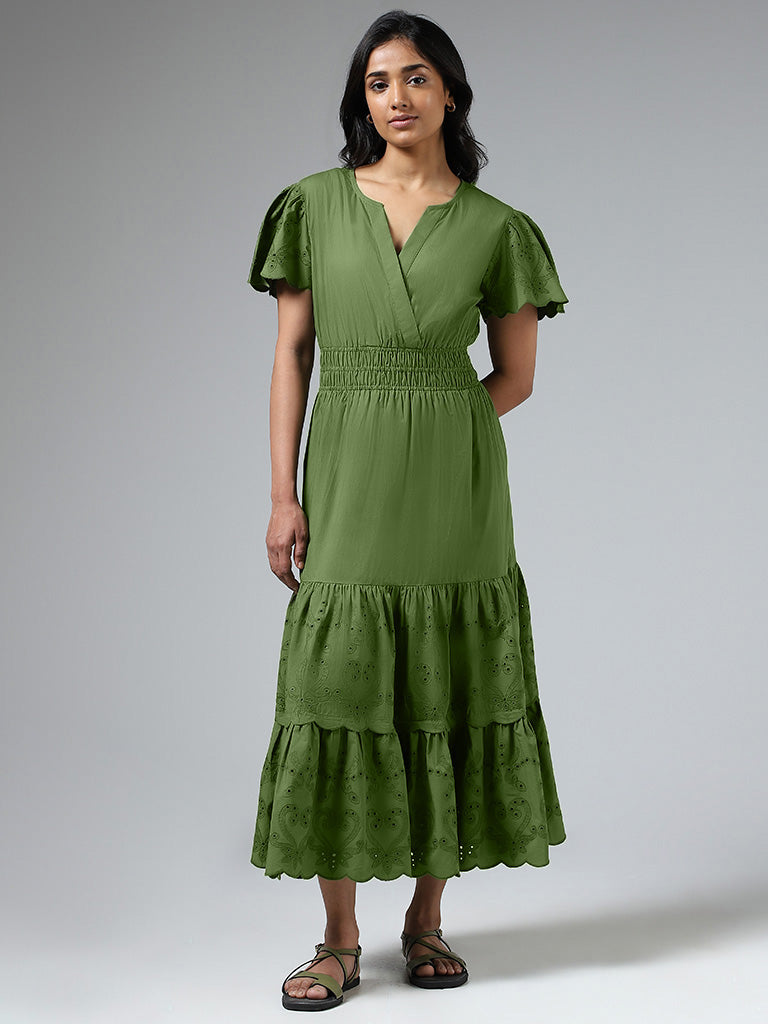 LOV Olive Green Schiffli Detail Tiered Dress