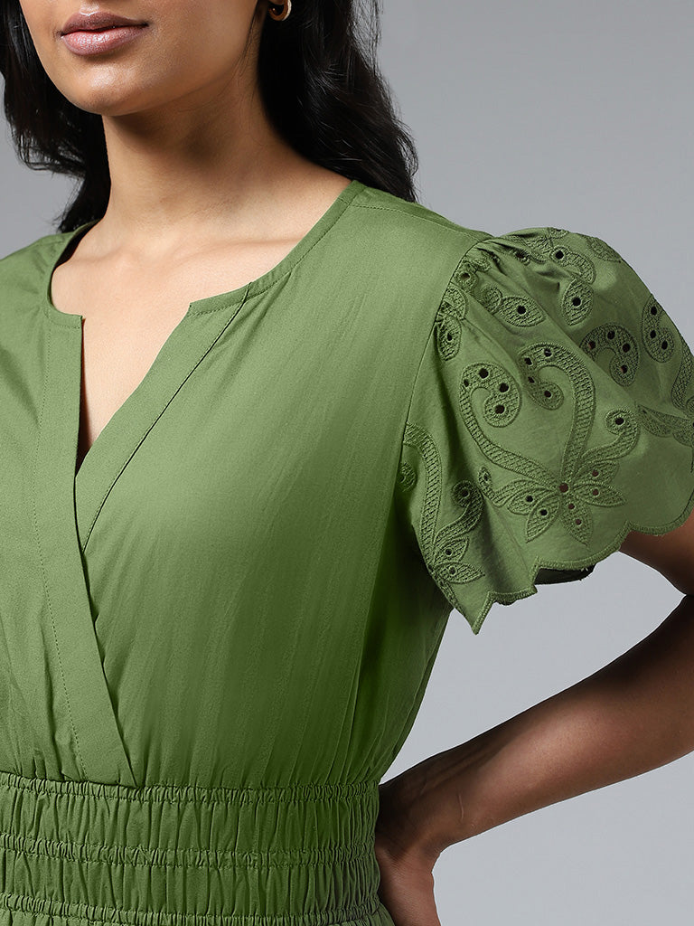 LOV Olive Green Schiffli Detail Tiered Dress