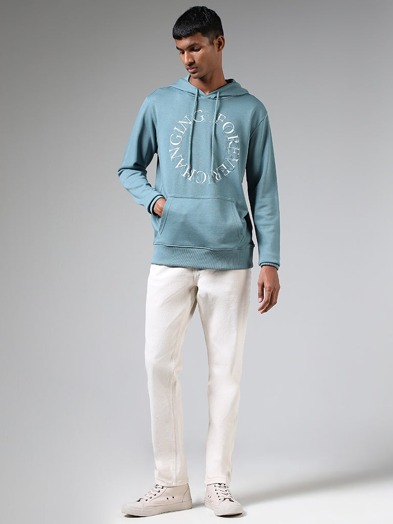 Nuon Teal Typographic Embroidered Relaxed Fit Hoodie