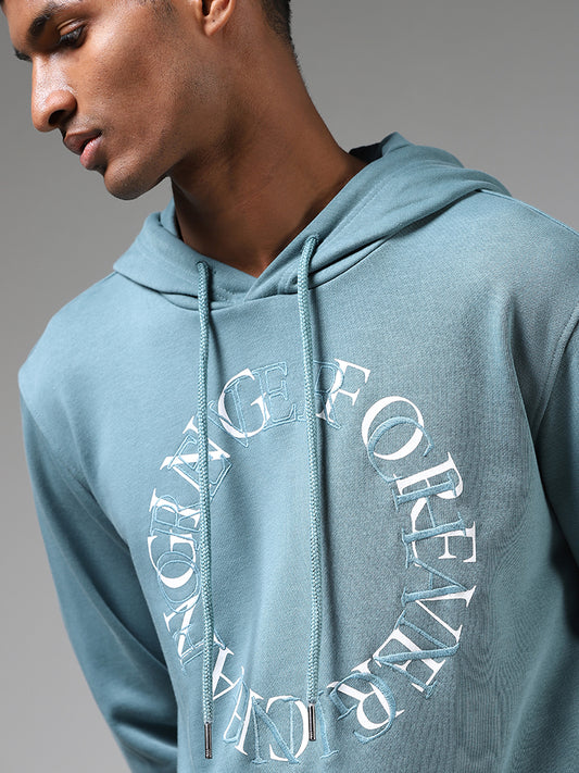 Nuon Teal Typographic Embroidered Relaxed Fit Hoodie