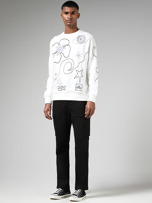 Nuon Off White Embroidered Cotton Blend Relaxed Fit Sweatshirt
