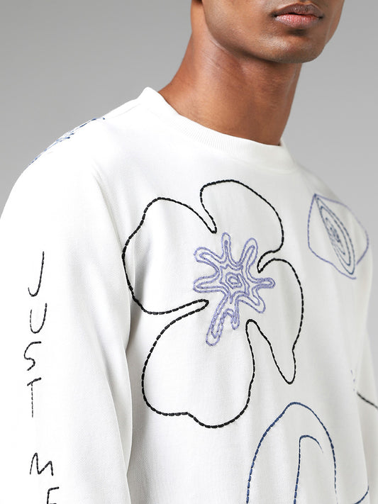 Nuon Off White Embroidered Cotton Blend Relaxed Fit Sweatshirt