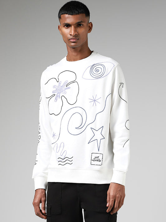 Nuon Off White Embroidered Cotton Blend Relaxed-Fit Sweatshirt