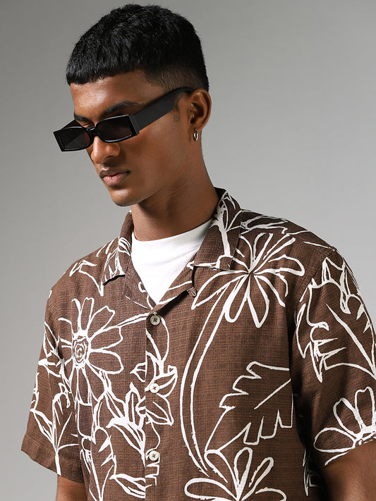 Nuon Brown Floral Printed Relaxed Fit Blended Linen Shirt