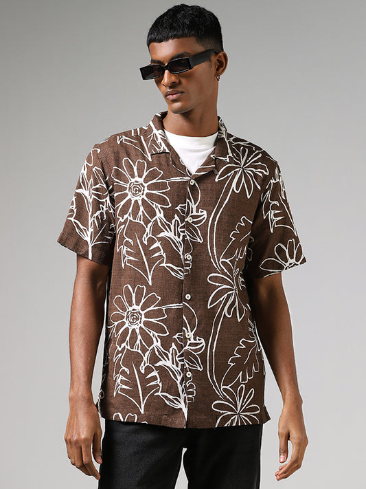 Nuon Brown Floral Printed Relaxed Fit Blended Linen Shirt