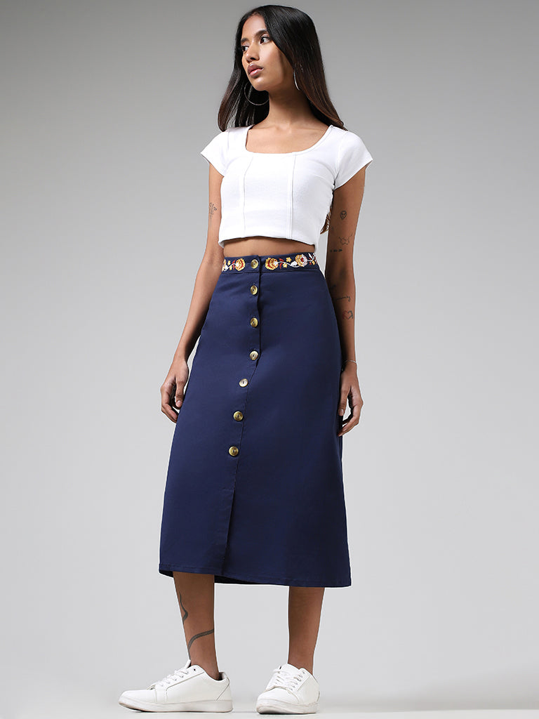 Bombay Paisley Navy Embroidered Cotton Skirt