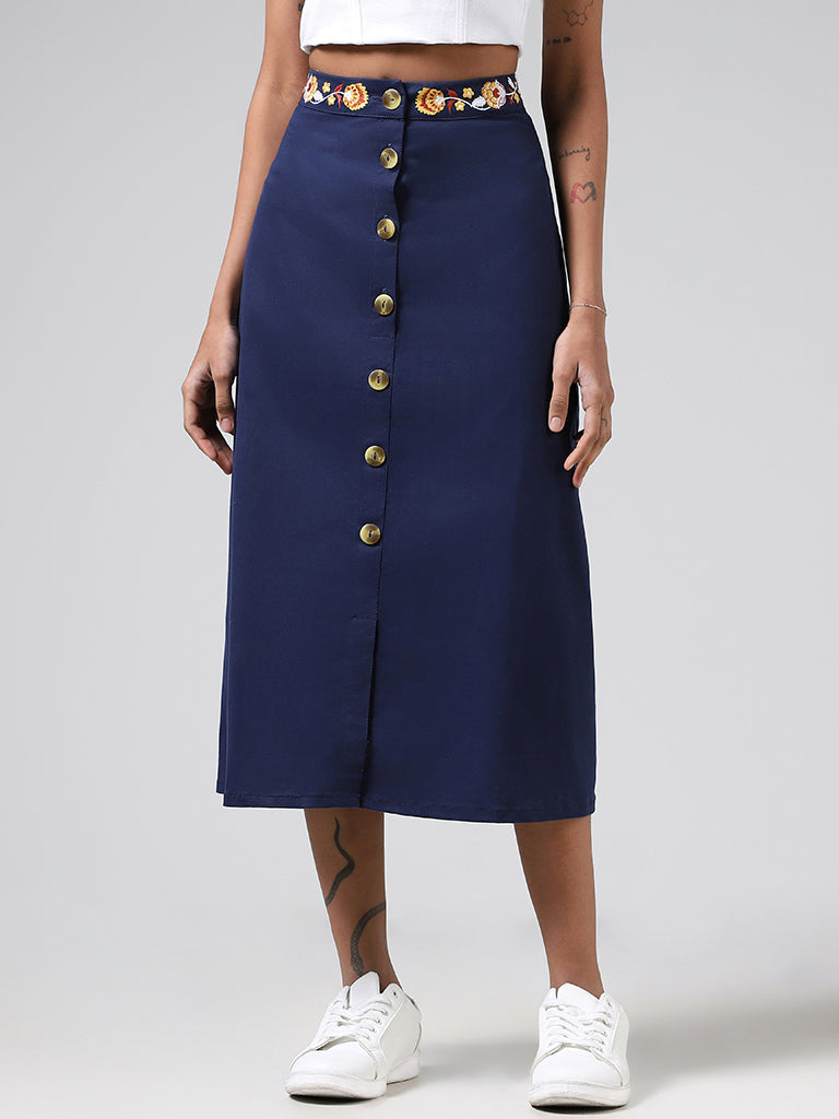 Bombay Paisley Navy Embroidered Cotton Skirt
